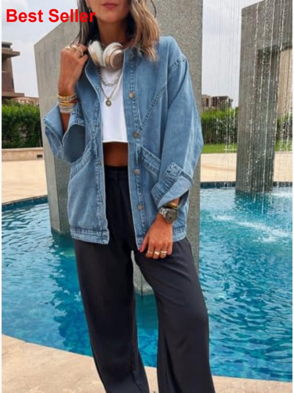 Oversized Distressed Denim Jacket Button Down Long Sleeve Pockets - Picture 2 of 6